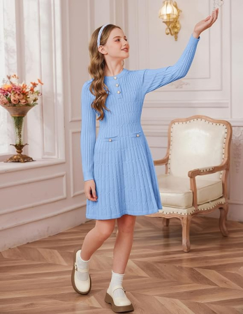 Rochita bleu casual medie, tricot croi A pentru fete 10 ani [2]