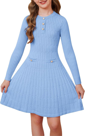 Rochii fete - Rochita bleu casual medie, tricot croi A pentru fete 10 ani