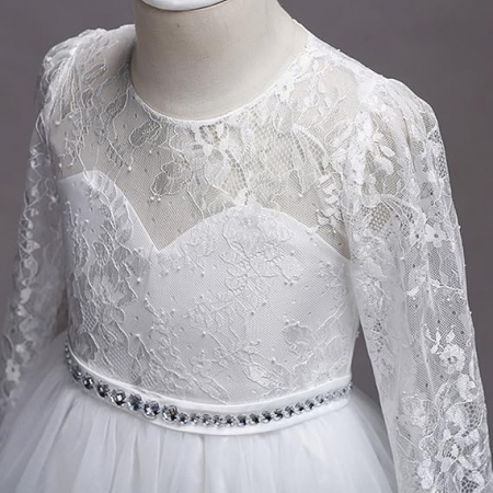 Rochita eleganta din dantela, lunga, mâneci 3/4, cu volanase, Alba, 140cm, 6-7 ani [4]