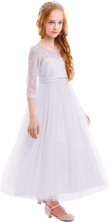 Rochita eleganta din dantela, lunga, mâneci 3/4, cu volanase, Alba, 140cm, 6-7 ani [5]