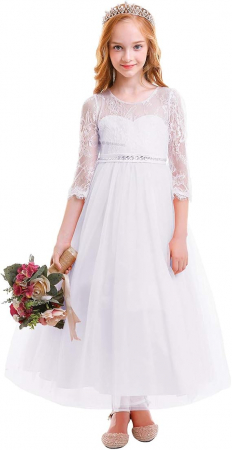 Rochii fete - Rochita eleganta din dantela, lunga, mâneci 3/4, cu volanase, Alba, 160cm, 10-11 ani