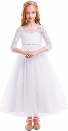 Rochita eleganta din dantela, lunga, mâneci 3/4, cu volanase, Alba, 160cm, 10-11 ani [1]