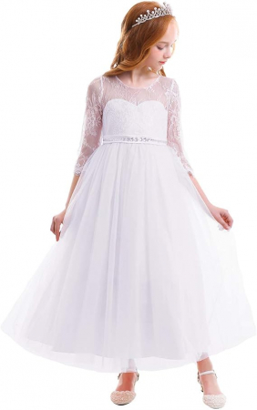 Rochita eleganta din dantela, lunga, mâneci 3/4, cu volanase, Alba, 140cm, 6-7 ani [2]