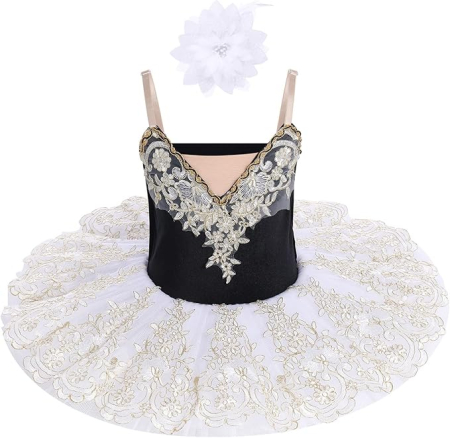 Rochii fete - Rochita eleganta din dantela pentru balet, cu volanase, alb/negru, 4-5 ani, 120 cm inaltime