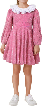 Rochii fete - Rochita eleganta lunga, cu paiete si volanase, Roz, 4-5 ani