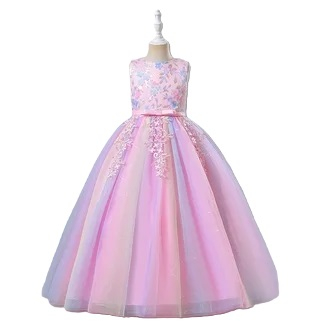 Rochii fete - Rochita eleganta din dantela, lunga, cu volanase, roz, 160cm, 10-11 ani