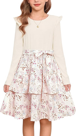 Rochii fete - Rochita casual medie, cu funda si flori pentru fete 6 ani