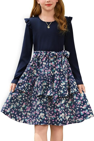 Rochii fete - Rochita albastra casual medie, maneci lungi, model cu flori pentru fete 6 ani