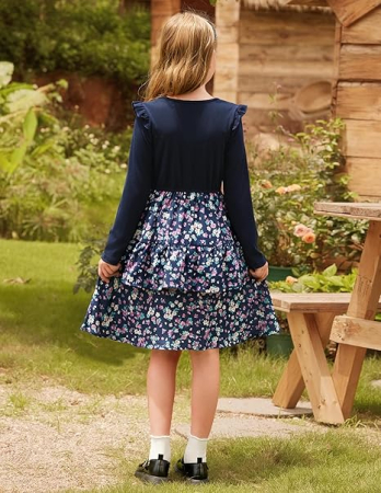 Rochita albastra casual medie, maneci lungi, model cu flori pentru fete 6 ani [3]