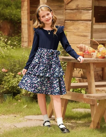 Rochita albastra casual medie, maneci lungi, model cu flori pentru fete 6 ani [1]