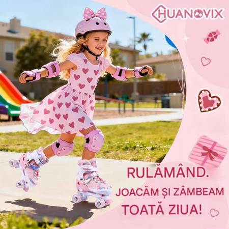 Role Quad Copii Fete, Reglabile 27-31, Roți Luminoase, Model Inimioară, Roz, S [1]