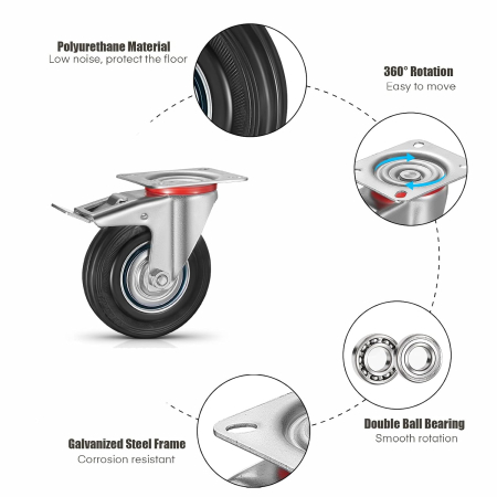 Roti rezistente din poliuretan 125mm, pivotante 360°, 2 cu frane, pentru 400 kg, set 4 bucati [8]