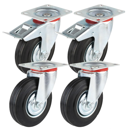 Accesorii echipamente pentru transport si ridicat - Set 4 Roți Pivotante Industriale 125 mm, Sarcină 400 kg, 2 cu Frână, Rotire 360°