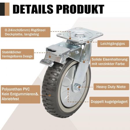 Roti rezistente din poliuretan, pivotante 360°, 2 cu franare, pentru 1000 kg, set 4 bucati [4]