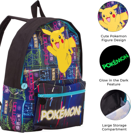 Rucsac Copii Pokémon Pikachu, Efect Fosforescent Glow in the Dark, Compartiment Mare, Buzunar Frontal, Buzunar Lateral pentru Sticlă [4]