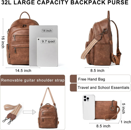 Rucsac Damă LATMAP din Piele Ecologică, Compartiment Laptop, Maro, 32L [2]