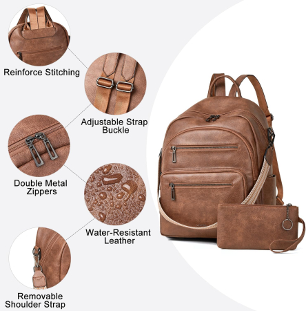Rucsac Damă LATMAP din Piele Ecologică, Compartiment Laptop, Maro, 32L [4]