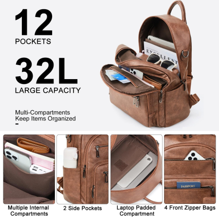 Rucsac Damă LATMAP din Piele Ecologică, Compartiment Laptop, Maro, 32L [5]