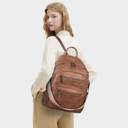 Rucsac Damă LATMAP din Piele Ecologică, Compartiment Laptop, Maro, 32L [1]