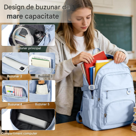 Rucsac albastru robust impermeabil, ghiozdan scoala, calatorii, fitness 44 x 31 x 16 cm; 0,5 kg [2]