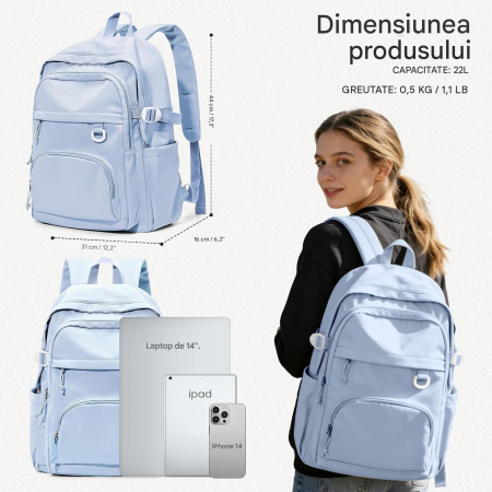 Rucsac albastru robust impermeabil, ghiozdan scoala, calatorii, fitness 44 x 31 x 16 cm; 0,5 kg [1]