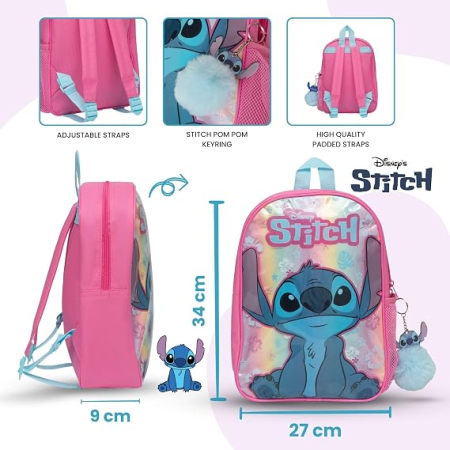 Rucsac Copii Stitch Curcubeu Holografic, 34 cm, Breloc Pom Pom, 3-7 Ani [3]