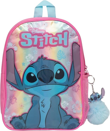 RUCSACURI - Rucsac Copii Stitch Curcubeu Holografic, 34 cm, Breloc Pom Pom, 3-7 Ani