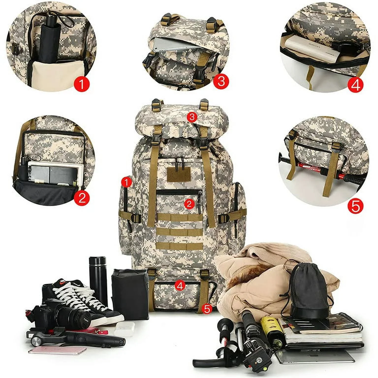 Rucsac tactic militar impermeabil 80L, foarte util pentru drumeții, camping și călătorii 30x22x84 cm camuflaj [2]