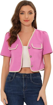 BLUZE FEMEI - Sacou scurt, elegant cu maneca scurta si buzunare Roz L