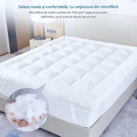 Topper Soft saltea cu țesătură 100% bumbac, pentru sprijin și protecție împotriva murdăriei, Alb, 180x200cm [2]
