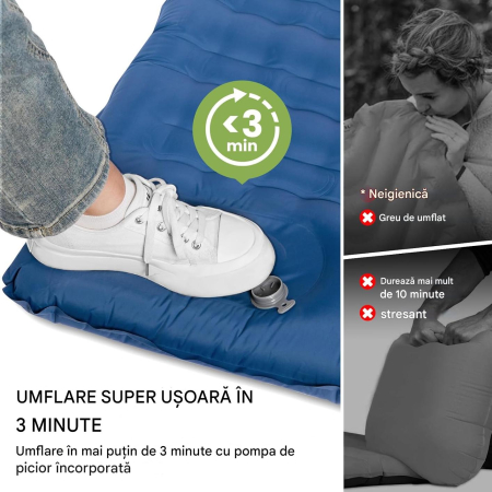 Saltea dubla de dormit autogonflabilă, 12 cm Ultralight, 193x135 cm, perna si pompa incluse [2]