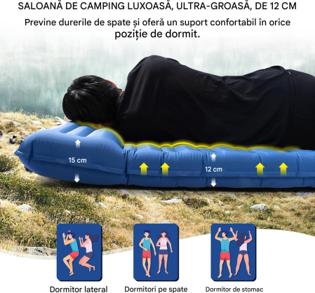 Saltea dubla de dormit autogonflabilă, 12 cm Ultralight, 193x135 cm, perna si pompa incluse [3]