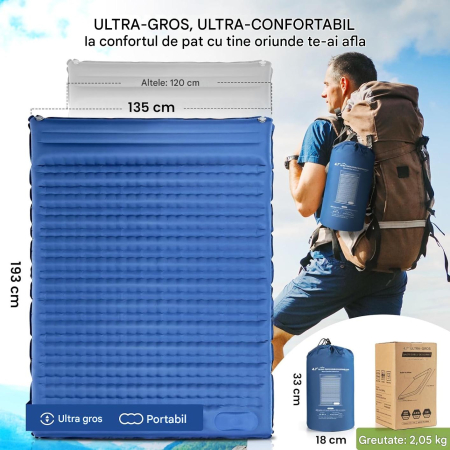 Saltea dubla de dormit autogonflabilă, 12 cm Ultralight, 193x135 cm, perna si pompa incluse [1]