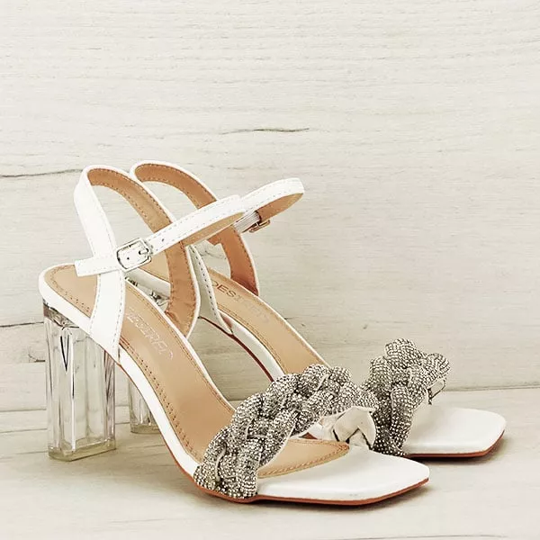 SANDALE - Sandale Elegante Dama din Piele Ecologica Toc Inalt 9 cm Bareta cu Pietricele Argintii Alb Marimea 39