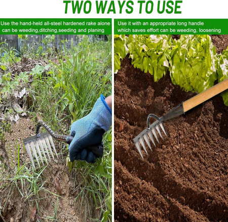 Greblă de grădină rezistentă din metal și oțel carbon, eficientă pentru buruieni, 7 dinti [5]