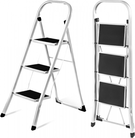 Scari de lucru - Scară din otel inoxidabil, pliabilă 3 trepte anti-alunecare,cu balustradă, max 150 kg , argintie