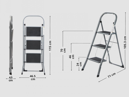 Scară din otel inoxidabil, pliabilă 3 trepte anti-alunecare,cu balustradă, max 150 kg , argintie [1]