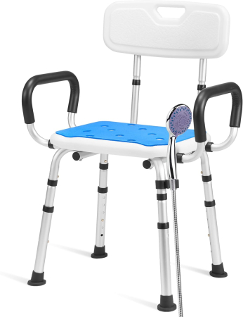 Produse si dispozitive ajutatoare locomotie - Scaun de baie/dus din aluminiu, reglabil pe inaltime 6 nivele, cu spatar, manere sprijin, max 136 kg