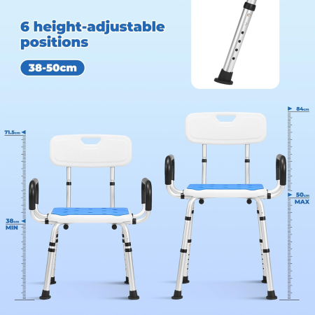 Scaun de baie/dus din aluminiu, reglabil pe inaltime 6 nivele, cu spatar, manere sprijin, max 136 kg [4]