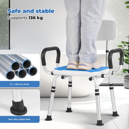 Scaun de baie/dus din aluminiu, reglabil pe inaltime 6 nivele, cu spatar, manere sprijin, max 136 kg [1]