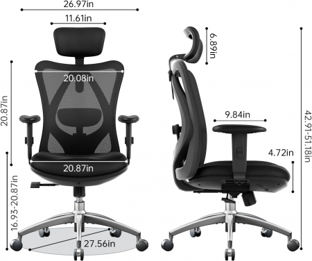 Scaun de birou ergonomic cu suport lombar reglabil si tetiera, cu perna elastica respirabila, 136 kg, negru-resigilat [2]