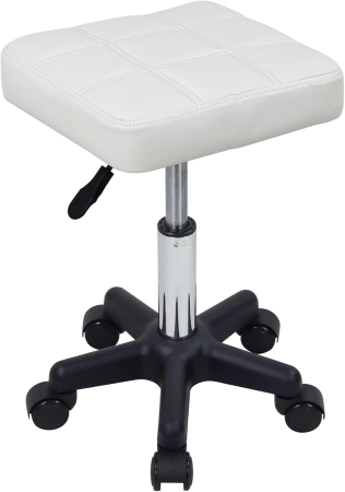 SCAUN BIROU - Scaun Taburet Alb cu Rotile, Reglabil pe Înălțime 45-61 cm, Rotativ 360°, Pernă 32,5x32,5 cm, 135 kg