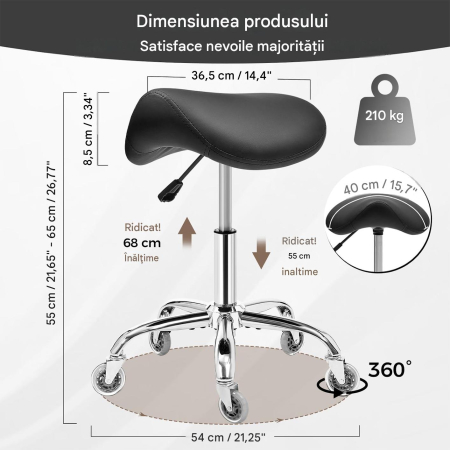 Scaun Ergonomic Tip Șa, cu Roți, Reglabil 55–68 cm, Rotativ 360°, Negru [1]
