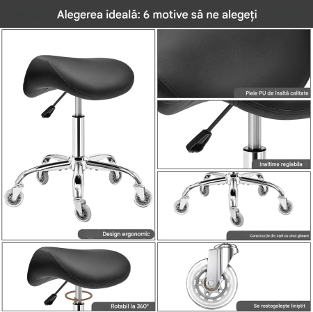 Scaun Ergonomic Tip Șa, cu Roți, Reglabil 55–68 cm, Rotativ 360°, Negru [5]