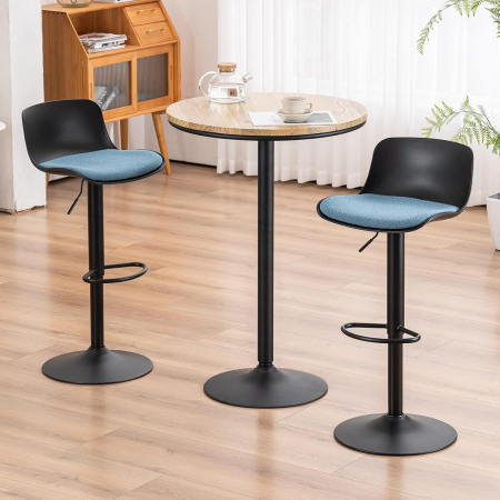 scaune - Scaune de bar rotative, reglabile în înălțime 79-103 cm, sezut captusit, Negru/Albastru set de 2 bucati