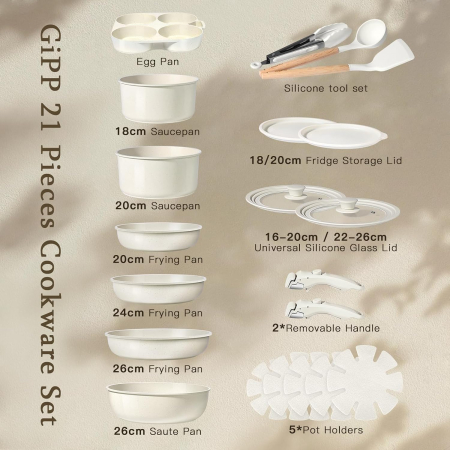 Set Vase GiPP 21 Piese, Antiaderente, Mâner Detașabil, Înveliș Granit [2]