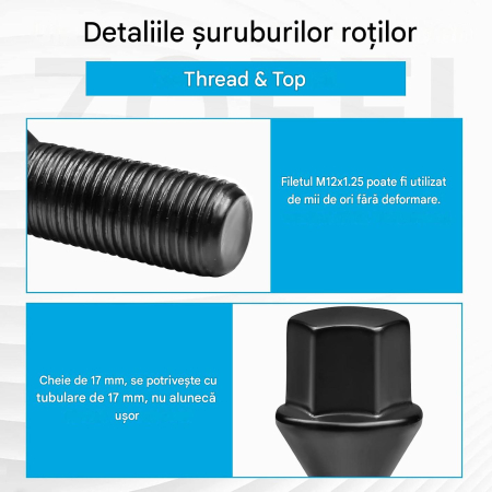 Set 20 Prezoane Roată M12x1,25, Conice 60°, 17 mm, Oțel 10.9, Negre [5]