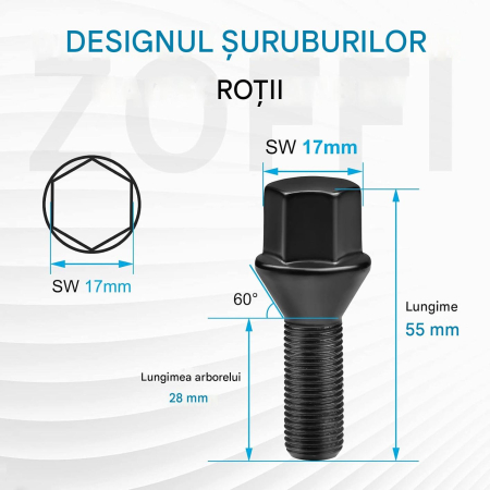 Set 20 Prezoane Roată M12x1,25, Conice 60°, 17 mm, Oțel 10.9, Negre [1]