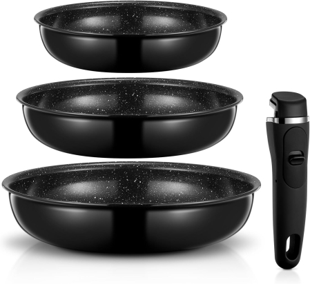 USTENSILE PREPARARE - Set 3 tigăi cu mâner detașabil 20/24/28cm ceramică antiaderentă Inducție & cuptor