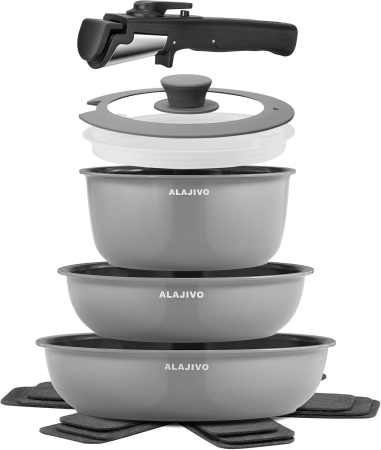 USTENSILE PREPARARE - Set 9 piese oale cu mâner detașabil, ceramică antiaderentă Inducție & cuptor, gri